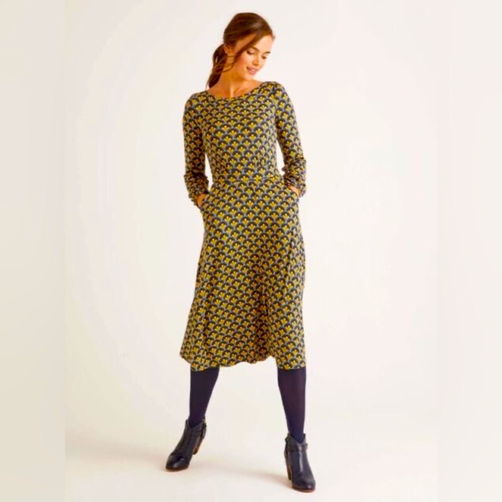NWT Boden Sasha Printed Jersey Midi Dress Size 8 Regular Yellow Geometric Gray